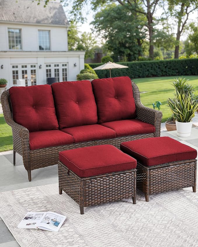ACTREST Patio Couch Outdoor Wicker Sofa - Heavy Duty All-Weather Brown Rattan 3-Seater with High Back and Comfortable Thick Cushions for Garden Back Porch Poolside Apartment - Red
