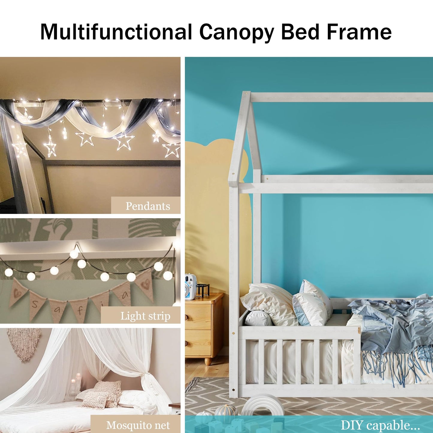 Merax Wooden House Bed, Floor Bed with Fence and Door,Full Guardrail, Full Size, White
