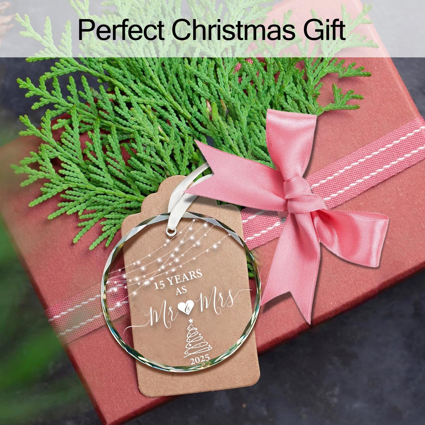15 Year Anniversary Ornament 2025, 15th Anniversary Wedding Gifts for Couple, 3" Glass Keepsake Valentines Gifts for 15 Year Wedding Christmas Ornaments 2025