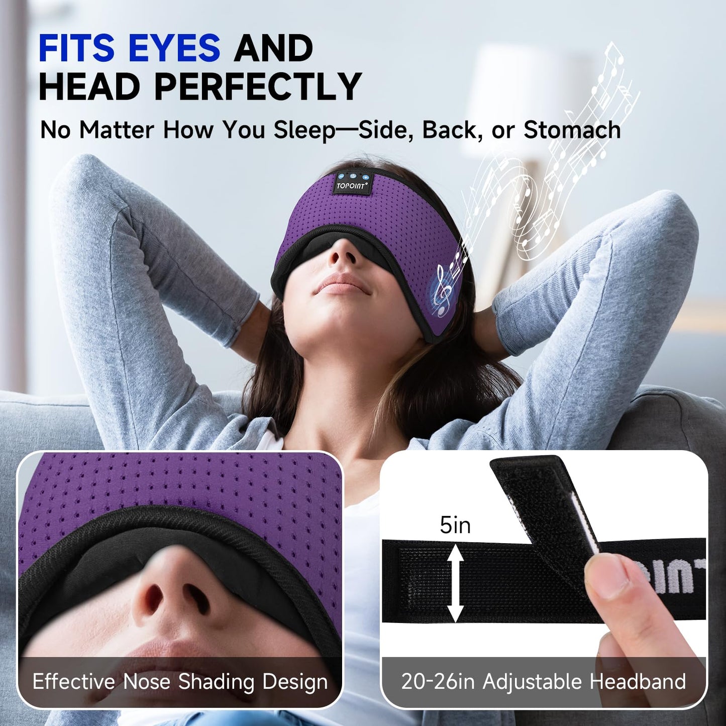 TOPOINT Sleep Mask Headphones Bluetooth Wireless 5.4, Breathable Cotton Eye Mask for Sleeping Side Sleepers Travel Music Headsets with Microphone Handsfree Men Women