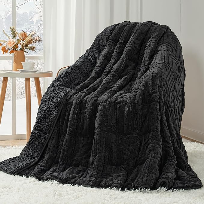 Cottonblue Weighted Blanket for Adults 15 lbs Twin Size, Cozy Fluffy Sherpa Fleece Jacquard Weighted Throw Blankets 48" x 72" for Sleep Relax, Fuzzy Warm Arch Heavy Blanket Soft for Bed Couch, Black