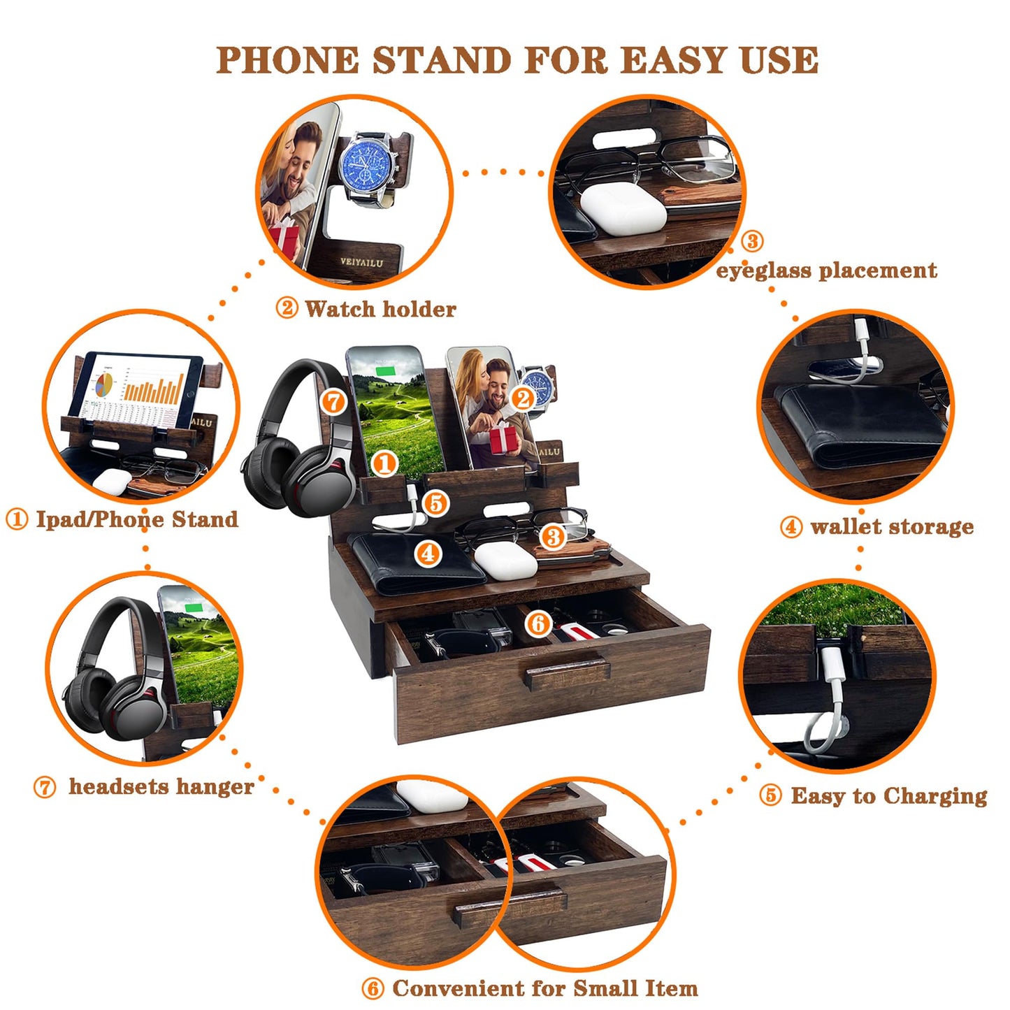 VEIYAILU Gifts for Men Women Husband Son Boyfriend Him Nightstand Organizer Wood Phone Docking Station Birthday Gifts (Walnut)