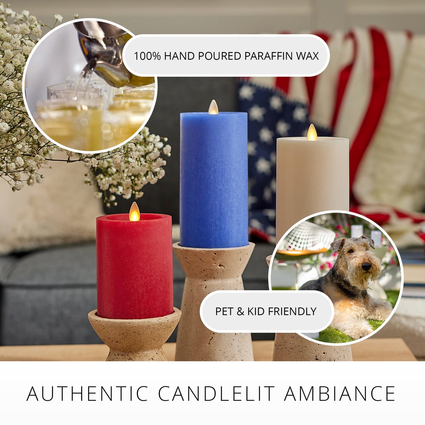 Luminara Red White & Blue Americana Pillar Trio - Set of 3 Flickering Flameless Wax Candles - Battery Operated LED Real Flame Illumination for Patriotic Holiday Decor - Timer - Remote Sold Separately