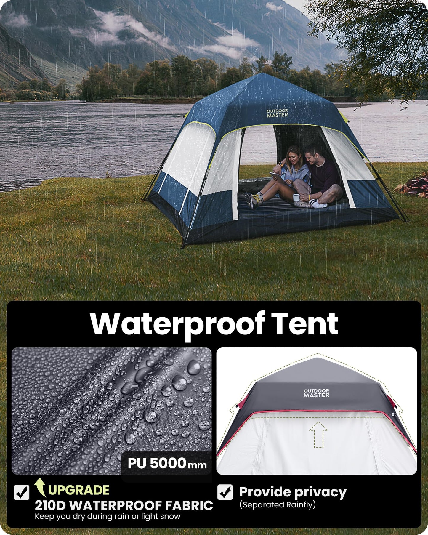 OutdoorMaster Camping Tents, 4/6 Person Camping Tent with Blackout Shelter Technology, Easy Setup in 60 Seconds, Weatherproof Pop Up Tent with Top Rainfly, Instant Cabin Tent (Blue, 4 Person)