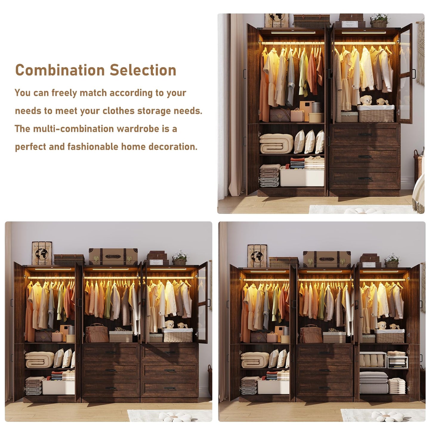 Hlivelood 75" Tall Farmhouse 2 Doors Armoire Wardrobe Closet with LED,Freestanding Closet Wardrobe Cabinet for Bedroom with Hanging Rod,Wooden Armoire Storage Cabinet with Adjustable Shelves(Brown)