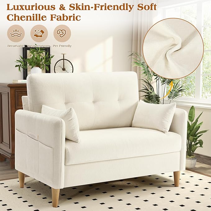 Hanherry Loveseat Sofa, 47” Small Couch for Living Room, Comfy Chenille Fabric Love Seat for Bedroom withThrow Pillow,Removable Cushion Cover,Couches for Small Space,Apartment,Dorm