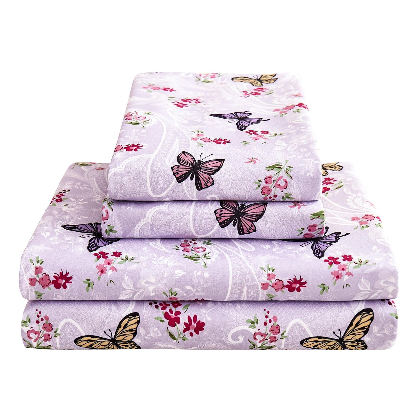 Paisley Floral Bed Sheets Queen Set, Purple Flower Printed Sheets for Queen Size Bed, Microfiber Fitted Sheet with 15" Deep Pocket and Corner Straps, Butterfly Patterned Sheet & Pillowcase Sets