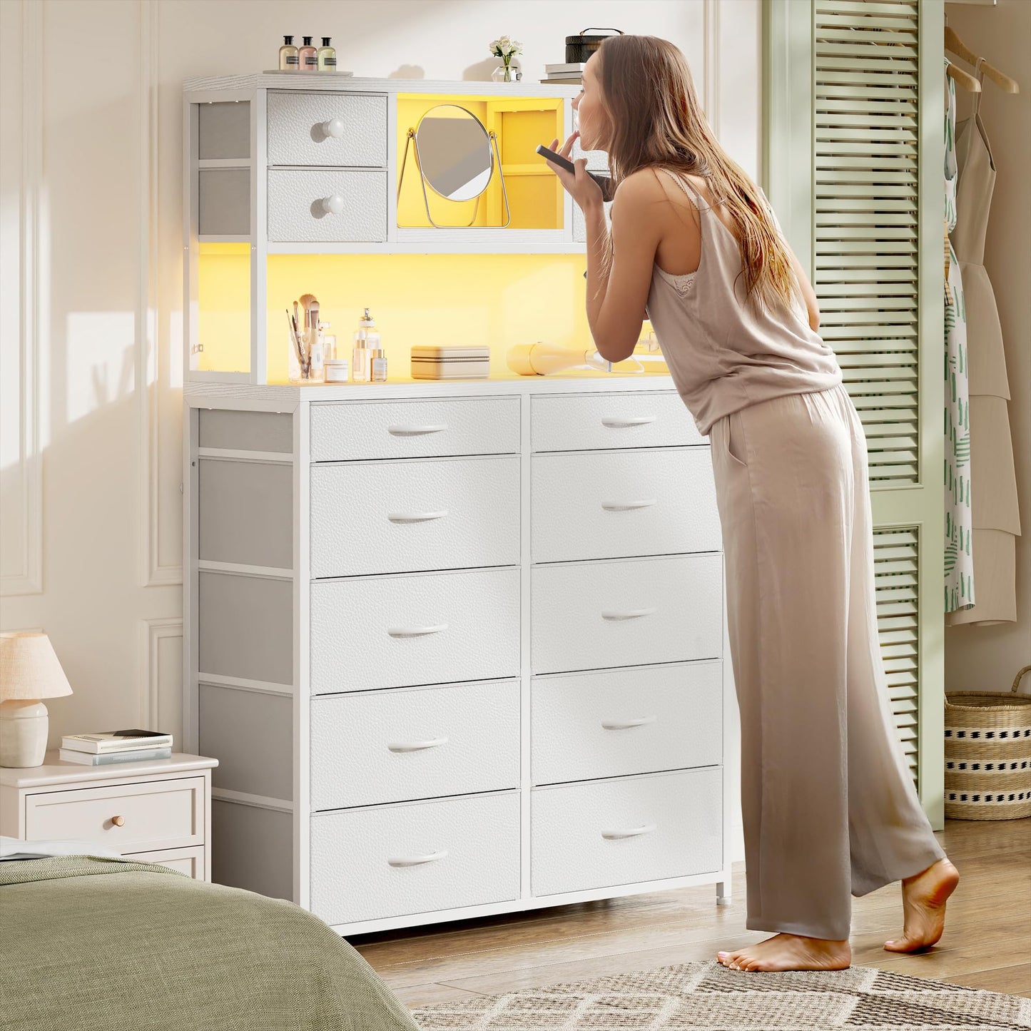 Tall Dresser for Bedroom with 14 Fabric Drawers,White Dresser with Charging Station and LED Lights,Dressers & Chests of Drawers for Bedroom, Steel Frame & Wooden Top for Closet, Entryway