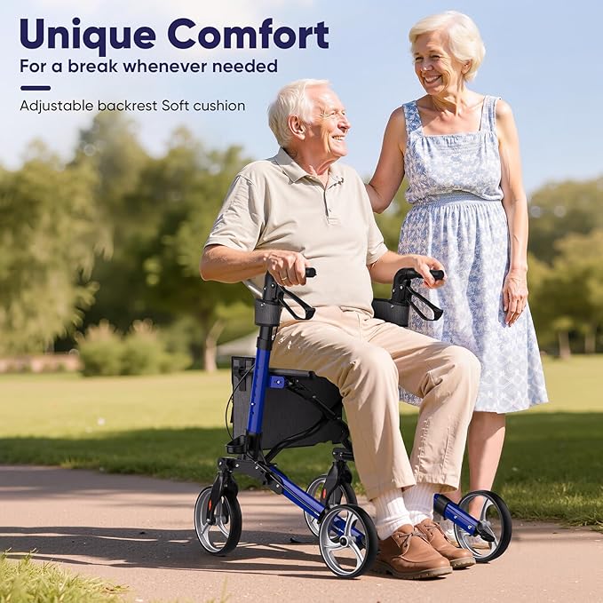 WOTURE Walkers for Seniors, Foldable Rollator Walker with Seat, Height Adjustable, 8'' All Terrain Big Wheels, Lightweight Mobility Aid with Hand Brake & Storage Bag, Blue