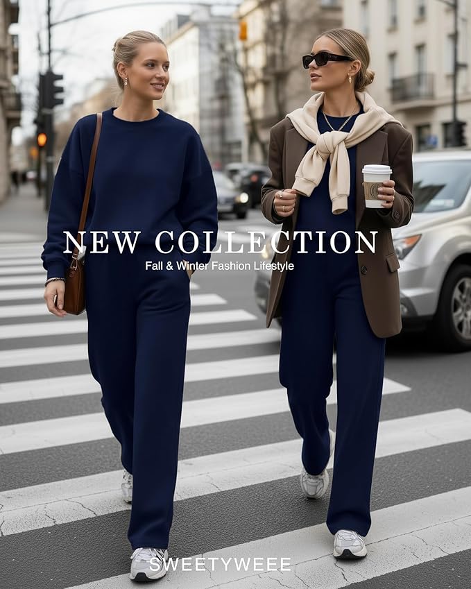 Sweetyweee Women's 2 Piece Outfits Set Fleece Lined Lounge Sweatsuit Crewneck Pullover Top Wide Leg Pants Casual Tracksuit