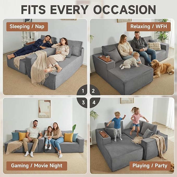 Modular Sectional Sofa Cloud Couch with Multi-Functional Armrests, Boneless Plush L-Shape Living Room Couch with Deep Seat, Fluffy Comfy Sleeper Sofa Easy Assembly (Gray, Right Chaise)
