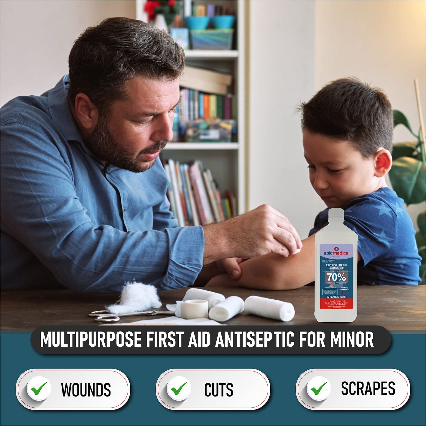 Epic Medical Supply Isopropyl Rubbing Alcohol 70% USP, 32 oz. Bottle, Multipurpose First Aid Antiseptic for Minor Wounds, Cuts, and Scrapes (32.00 Fl Oz Pack of 2)