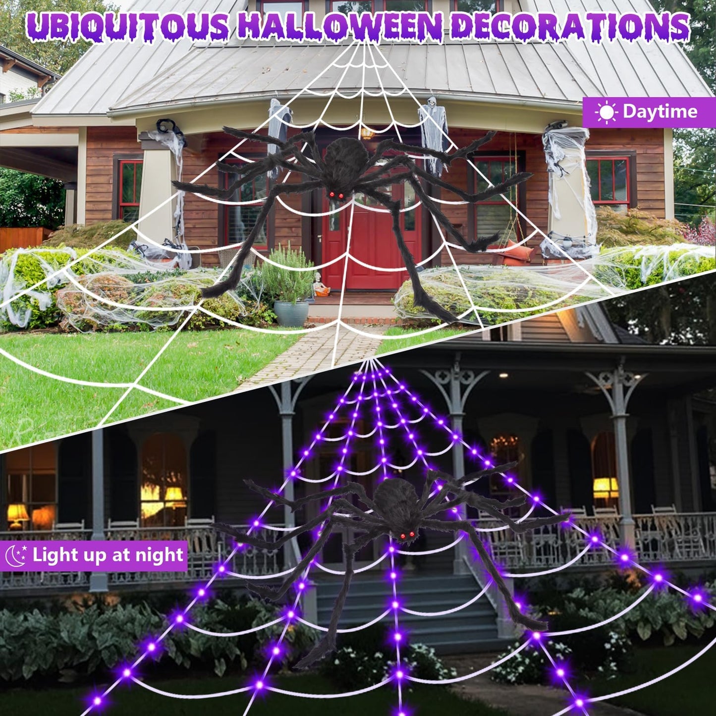 OCATO Halloween Decorations Spider Webs: Spider Web Lights 135 LED Purple Lights 59" Giant Spider Scary Halloween Decorations Outdoor Indoor for Party Garden Home Costumes Yard Haunted House