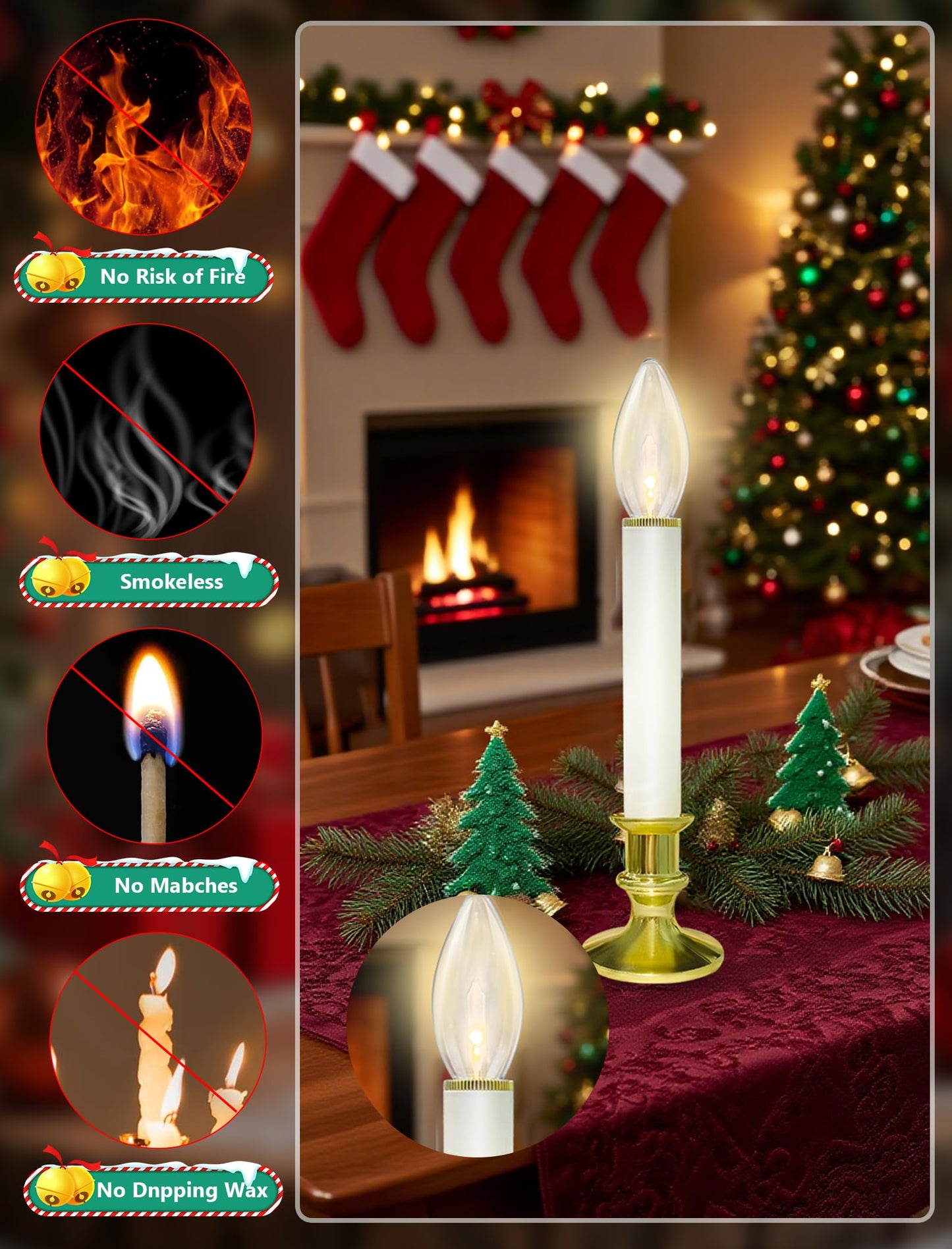 10 Pack Christmas Window Candles with 3V Ultra-Bright LED Warm White Bulbs, LED Battery Operated Window Candles, Gold Base, Flameless Candlestick for Indoor Christmas Window Table Mantel, Steady On