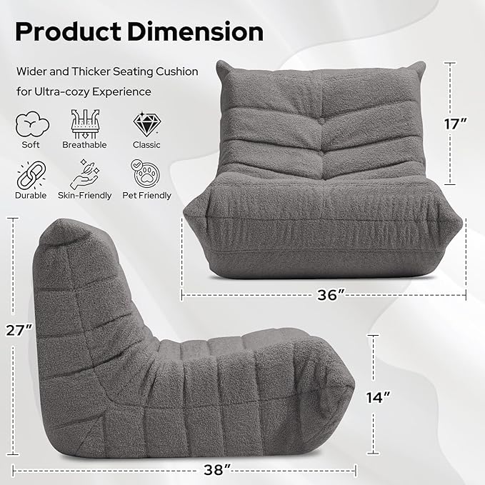 HABUTWAY Bean Bag Chairs Fireside Lazy Floor Sofa, Soft Teddy Fleece Bean Bag Sofa with High-Resilience Foam Filling，Beanbag for Living Room, Bedroom, Office (Dark Grey Teddy)
