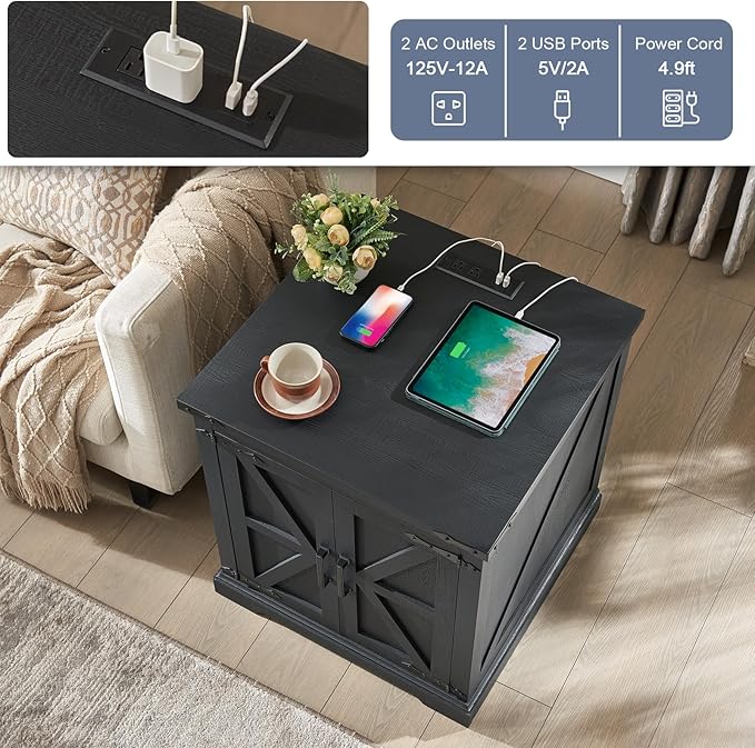 Barnyatoh Farmhouse End Table with Charging Station,24" Large Side Table with Barn Door, Rustic Wood Square Nightstand Bedside Table with Adjustable Storage Shelf for Living Room, Bedroom,Black 2-Pack