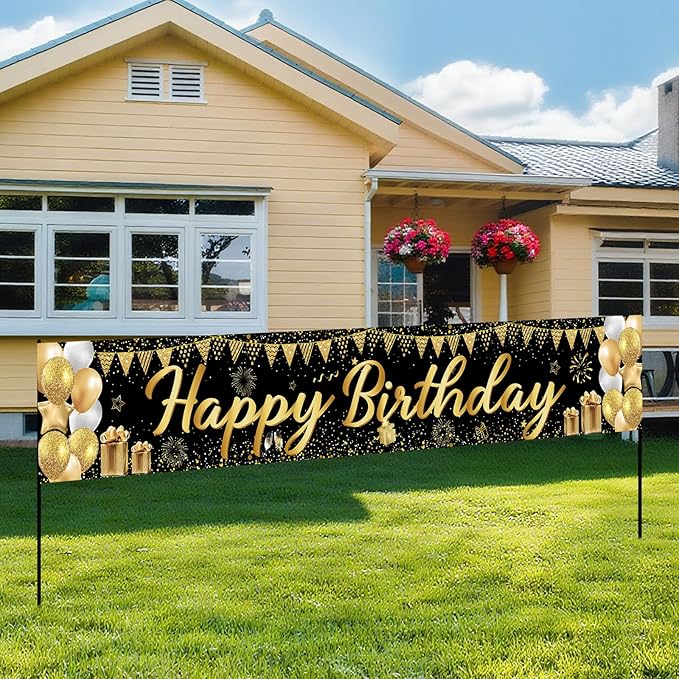 Happy Birthday Banner - Black and Gold Happy Birthday Decorations,118x20 Reusable Birthday Decorations for Women Men Boys ...