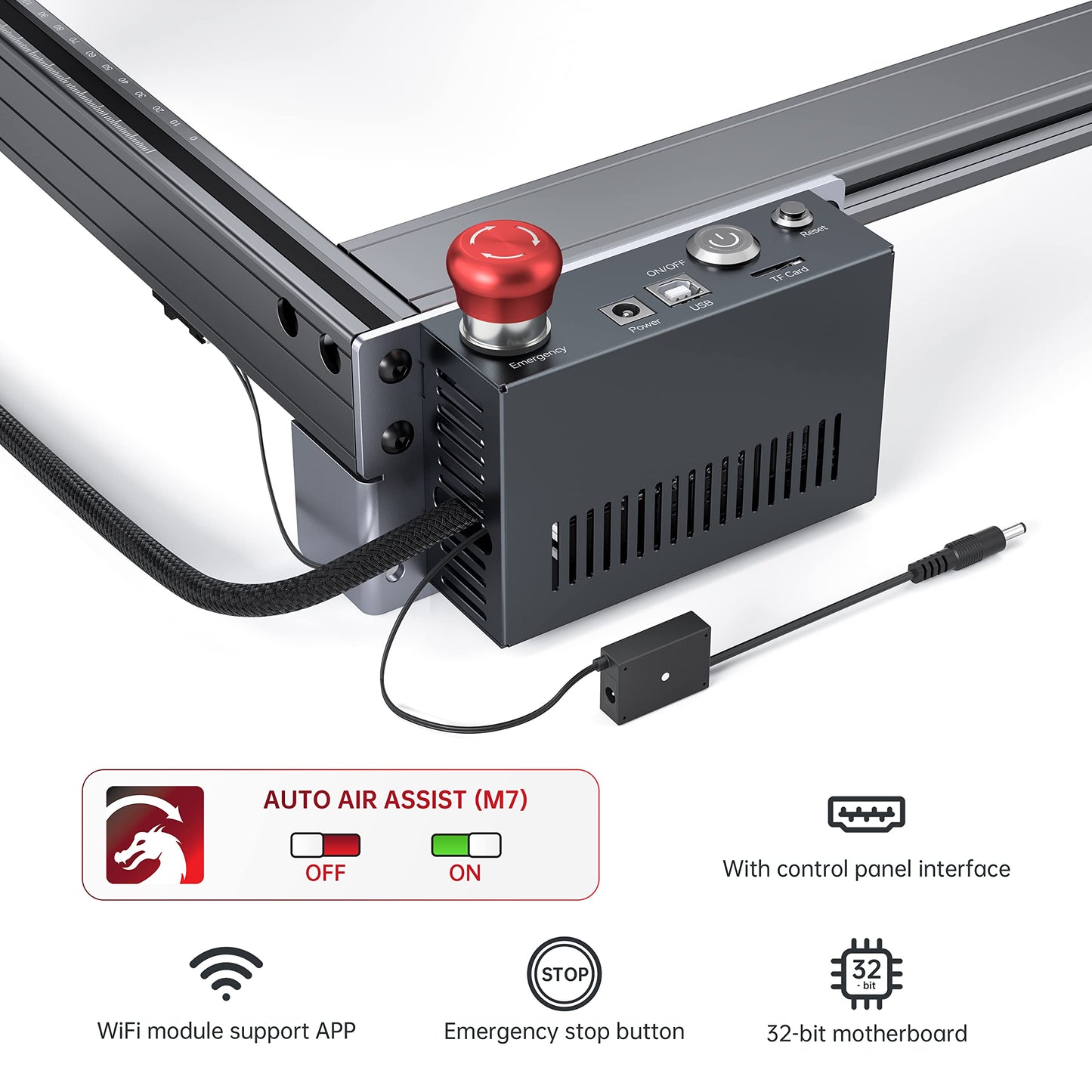 AIC1 Air Assist Automatic Control Kit for All Atomstack Frame-Shape 400 * 410 mm Laser Engraving Machine, Support Offline Engraving, with Emergency Stop Button and Reset Button