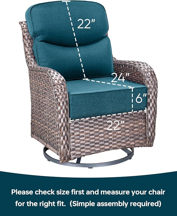 ACTREST Luxury 22x24/22x25 6-Inch Smile Outdoor Seat Cushions Set of 2 - Superior Comfortable Water-Repellent Patio Chair Cushion for Rattan Dining Glider Loveseat Sectional Sofa - Peacock Blue