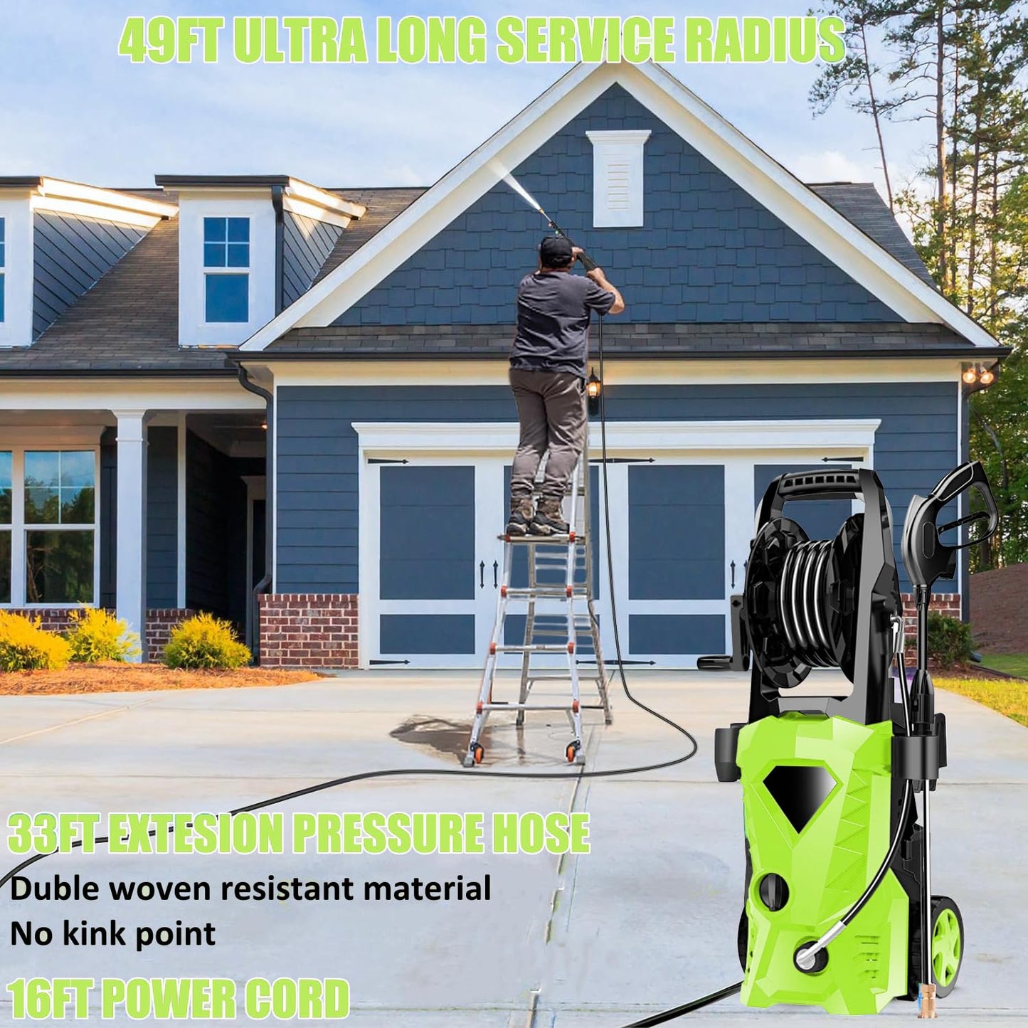 commowner 5000PSI Electric Pressure Washer - 2025 New Power Washer with Upgraded 33ft Pressure Washer Hose Reel, Foam Cannon, 4 Nozzle Set, Power Washer for House/Patios/Car/Fence, Green