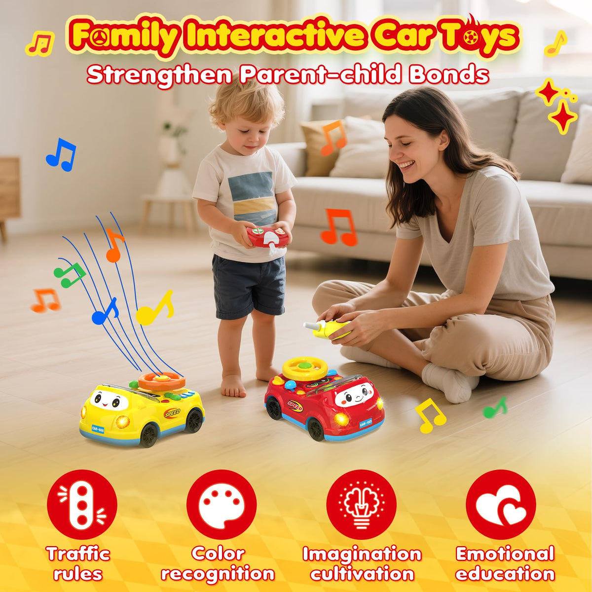 Toddler Toys For Ages 2-4 Boy - Remote Control RC Push Car Racing Adventure Steering Wheel Driving Games,Interactive Learning Educational Christmas Birthday Gift For Kids Age 2 3 4(Yellow Red)