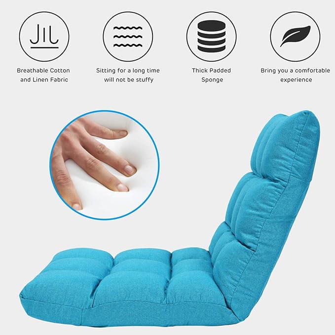 GORELAX Floor Chair with Back Support, 14-Poistion Adjustable Folding Gaming Chair Recliner, Meditation Chair with Steel Frame, Padded Lazy Sofa Chair for Adults, Kids (Turquoise)