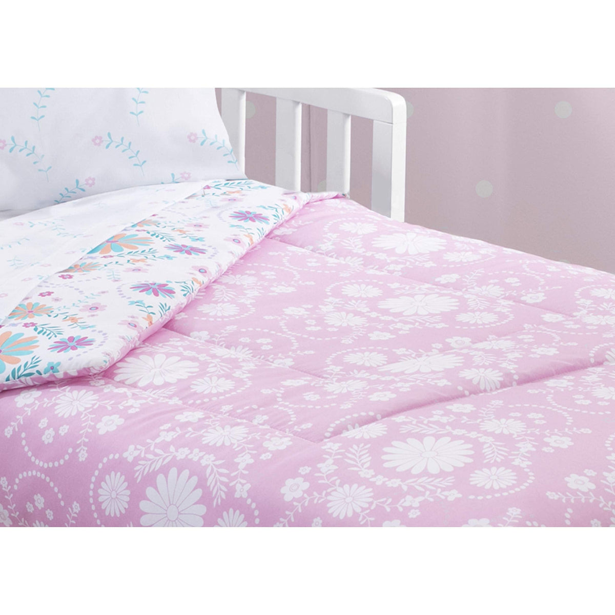 Delta Children 4 Piece Toddler Bedding Set for Girls - Reversible 2-in-1 Comforter - Includes Fitted Comforter to Keep Little Ones Snug, Bottom Sheet, Top Sheet, Pillow Case - Pink Bohemian
