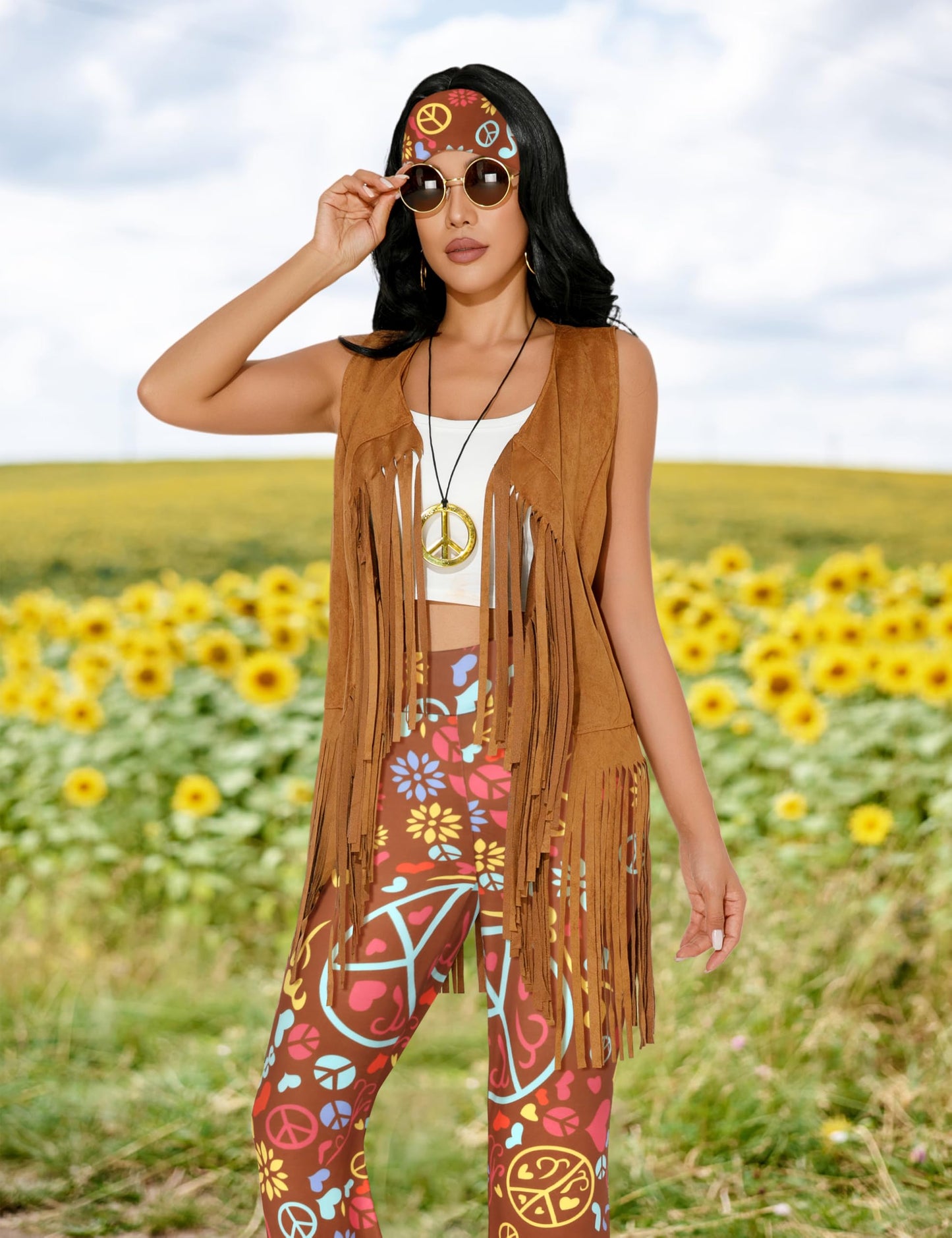 GERVAISE Womens 60s 70s Outfit Disco Hippie Costume Fringe Vest Boho Pants Accessories Set (Brown, Medium)