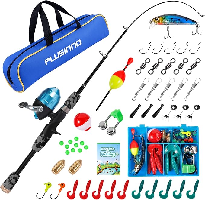 PLUSINNO Kids Fishing Pole with Spincast Reel Telescopic Fishing Rod Combo Full Kits for Boys, Girls, and Adults