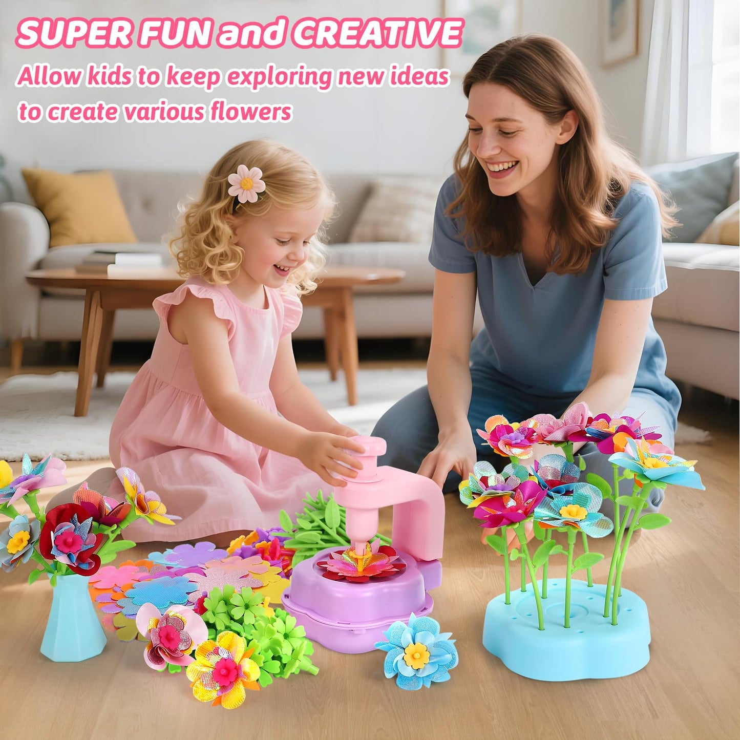 Flower Craft Kits for Girls - Arts and Crafts for Kids Ages 4-8, Gifts for 4 5 6 7 8 9 Year Old Girls, Mess-Free Art Craft Activity Toys, Kids Flower Making Kit, DIY Creative Toys Gifts for Toddler