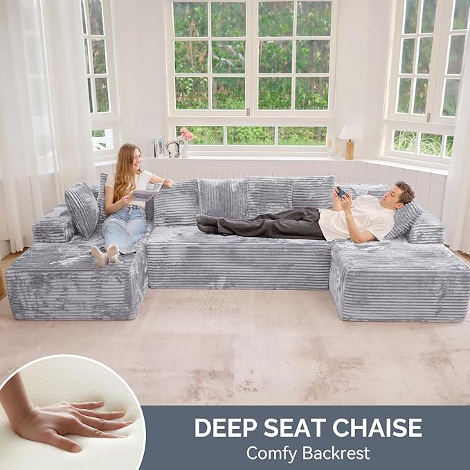 131'' U Shaped Sectional Couches with Chaise Lounge, No Assembly Required Deep Seat Modular Cloud Sofa for Living Room 1PCS, Bedroom(Light Gray)