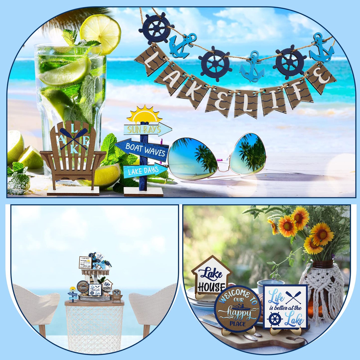 22 Pieces Summer Tiered Tray Decor Sets Farmhouse Hello Summer Wood Sign Rustic Beach Home Decor Summer Table Decorations Small Hawaiian Wooden Plaque for Shelf Kitchen Tabletop (Lake House Style)