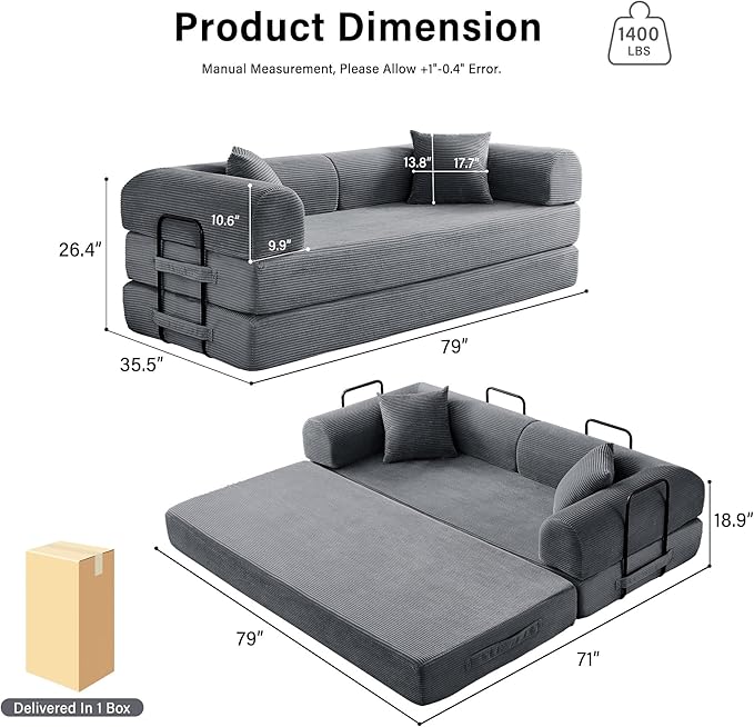 79" 5-in-1 Folding Convertible Sofa Bed, Oversized Corduroy Futon Floor Couch with Pull-Out Sleeper, Modular Boneless Loveseat for Small Spaces, Living Room, Bedroom (Dark Gray)