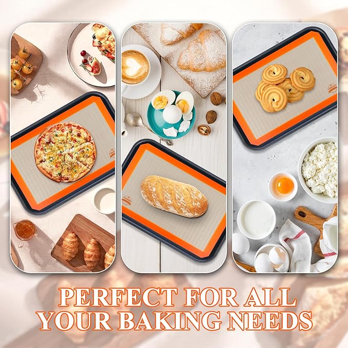 Silicone Baking Mat, Set of 3 Reusable Non-Stick Food Safe Baking Sheets for Cookies,for Making Cookies, Macaroons, Bread (Orange)