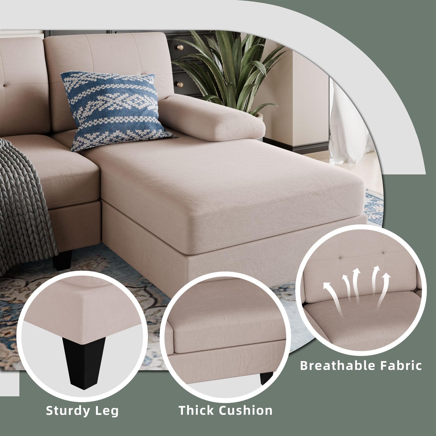 Shintenchi U-Shaped Sectional Couches for Living Room, 4 Seat Sofa with Double Chaise Lounges,Solid Wood Frame Sectional Sofa for Apartment,Beige