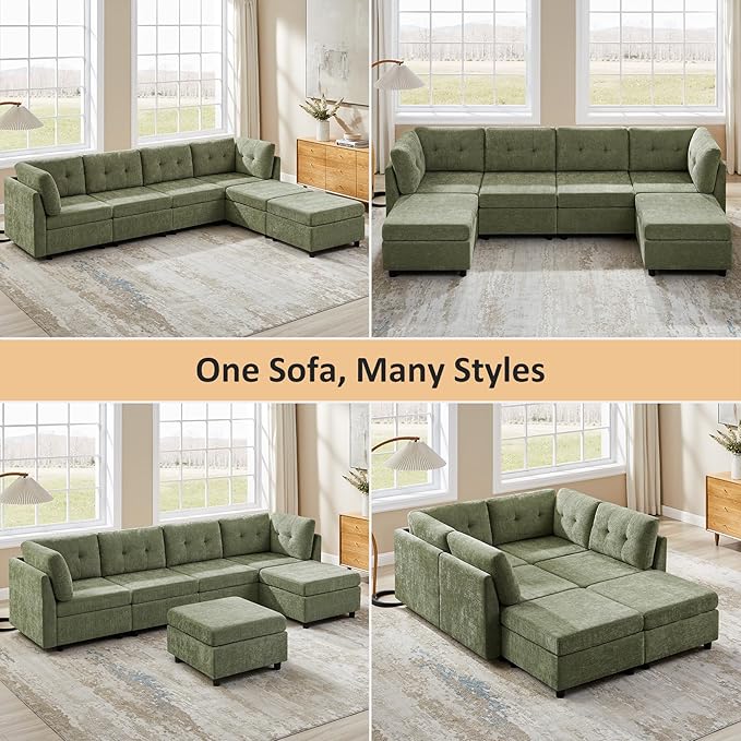 VANOMi 4 Seater Cloud Couches for Living Room with 2 Ottomans, 118" Modular Sectional Sofas & Couches, Comfy Chenille Cloud Sectional Couch Sofa for Apartment, Office, Green, U Shaped