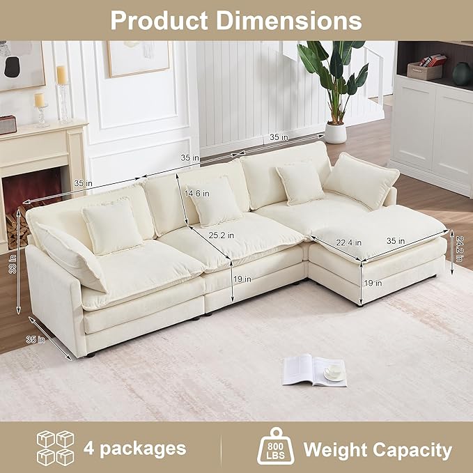KIVENJAJA 111.5”W Chenille L-Shaped Modular Sectional Sofa, Modern 3-Seater Comfy Deep Seat Cloud Couch with Ottoman/Chaise & 5 Pillows for Living Room Office Apartment, Beige