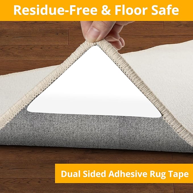 20 PCS Rug Tape, Rug Pad Gripper for Hardwood Floors, Double Sided Adhesive Carpet Tape, Reusable Anti Slip Rug Grips for Area Rugs to Keep Rug Corners Flat