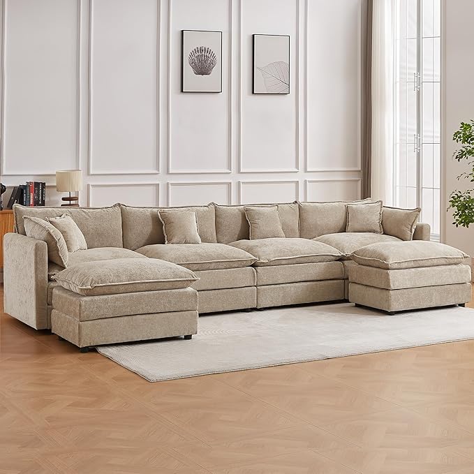 saows Modular Sectional Sofa, 147.2 Inch U Shaped Couch Set with Armrests, 4-Seater Comfy Cloud Couches with Movable Ottoman for Living Room Apartment, Coffee