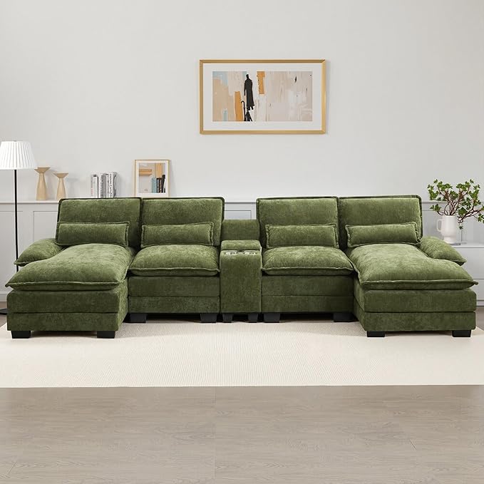 125" U Shaped Cloud Modular Sectional Couch for Living Room, Small Comfy Chenille Sofa with Double Chaise Lounge, Storage Central Console, Cup Holders, USB Port,Green