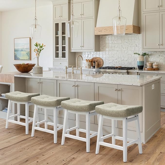 RNKSFX Counter Height Bar Stool Kitchen Counter Modern Backless Barstool with Upholstered Faux Leather Seat and Solid Wood Leg Farmhouse 24 inch Bar Chair, Light Grey + White, 1pc