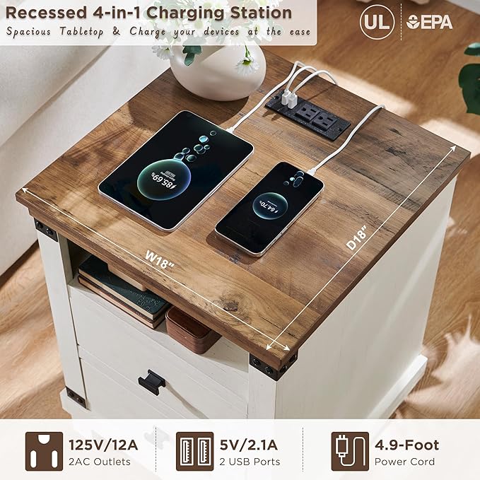 Farmhouse Nightstand Set of 2 with Charging Station, 18" Rustic Night Stand with 2 Storage Drawers, Wood End Table for Bedroom, Living Room, Antique White