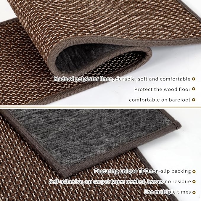 Stair Treads Non Slip for Wooden Steps Indoor 9" x 36" 8 Pack Extra Wide Stair Tread Carpet Stairs Runner, Step Pads with Reusable Adhesive for Dogs Kids Elders, Machine Washable, Brown