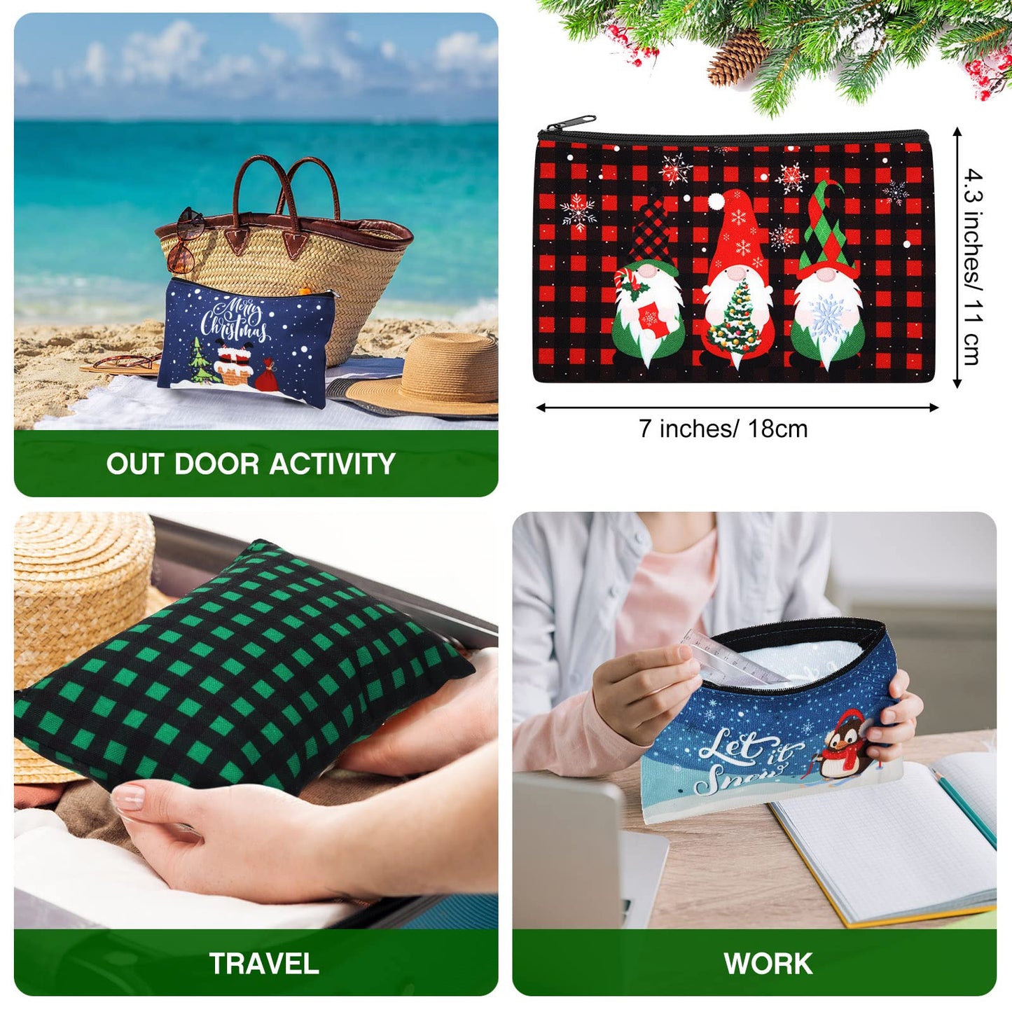 Saintrygo 30 Pieces Christmas Gift Makeup Bags Plaid Cosmetics Bag Merry Christmas and Santa Goodie Bags with Snowman, Reindeer, Multicolor