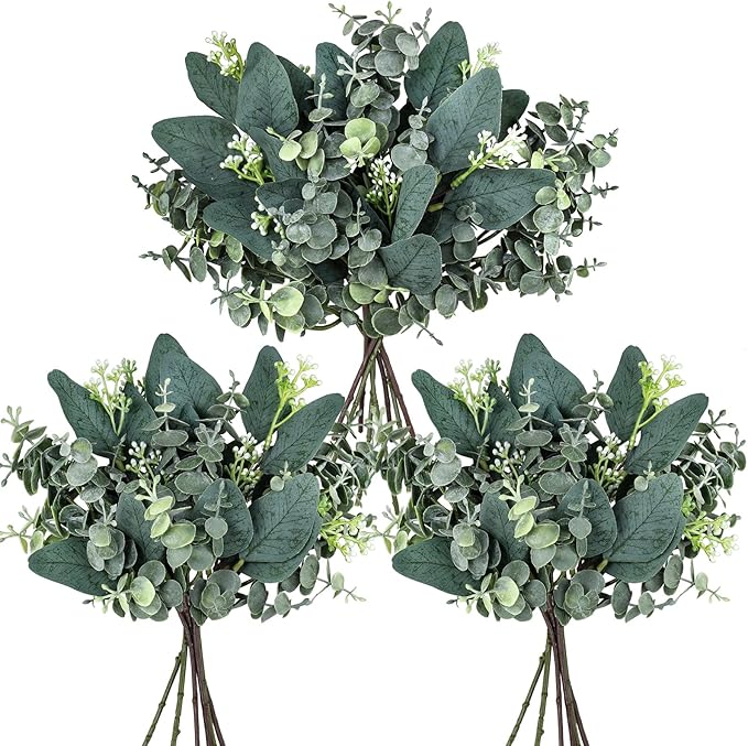 Winlyn 20 Pcs Mixed Artificial Oval Eucalyptus Leaves Bulk with White Seeds Stems and Spray for Vase Floral Wreath Bouquet...