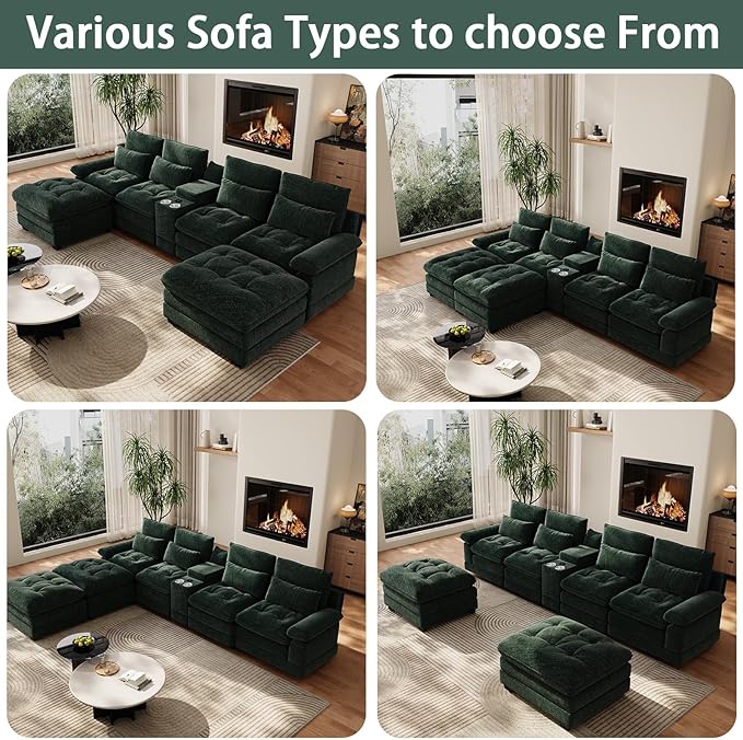 BEQAI 134"U Shaped Sectional Couches for Living Room, Oversized Modular Sectional Fluffy Couch with 2 Ottoman & Storage Console,Modern 6 Seat Living Room Sofa with Glitter Fabric,Tufted Buttons, Green