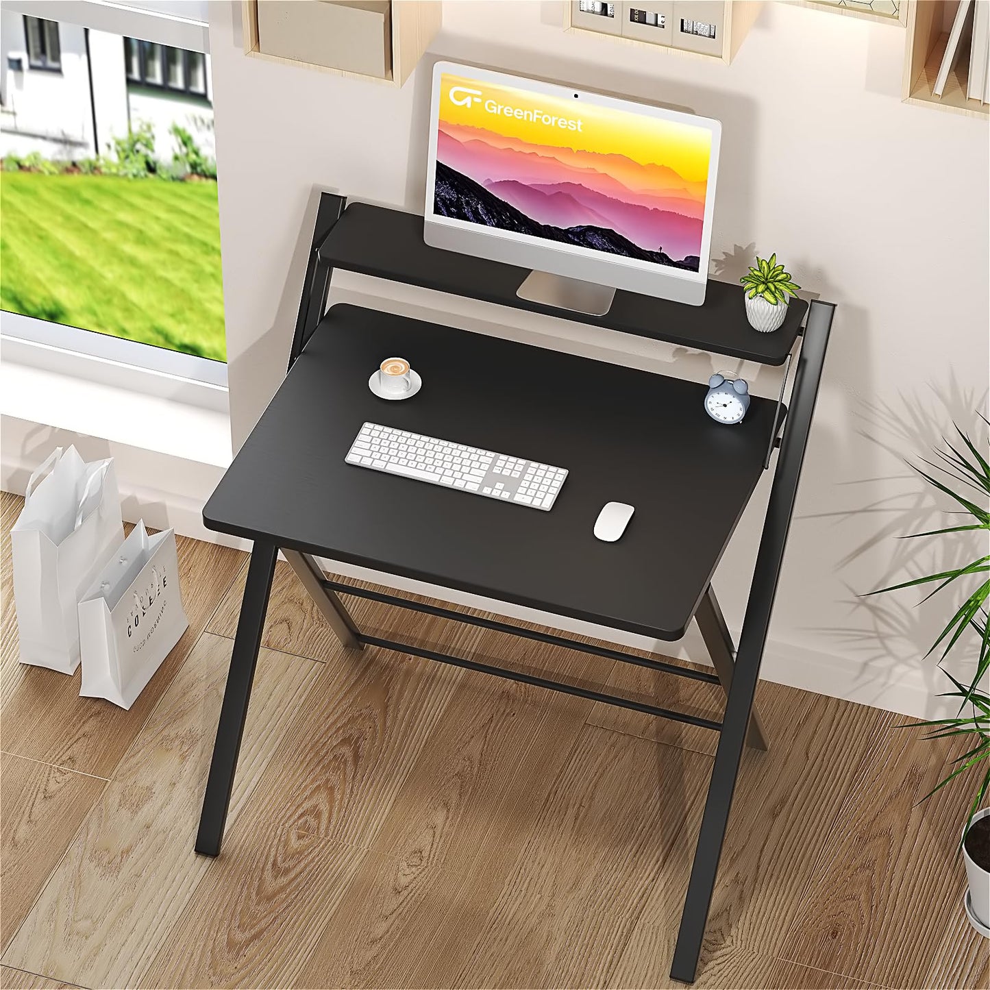 GreenForest No Assembly Folding Desk, 2-Tier Compact Computer Desk with Shelf, Space Saving Foldable Table for Home Office, Dorm or Apartment, Portable Collapsible Sturdy Laptop Desk, Black