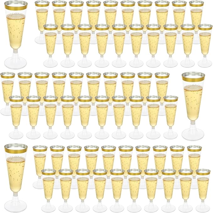 FVIEXE 100 Pack Plastic Champagne Flutes, 5 Oz Disposable Champagne Glasses Gold Rim Wine Flute Glasses, Clear Plastic Toa...