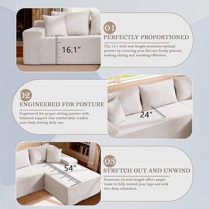 105’’ L-Shape Modular Sectional Sofa with Chaise, Convertible Cloud Couch, Corduroy Fabric & High-Density Memory Foam, No Assembly Required for Living Room (Beige, Right Facing Chaise)