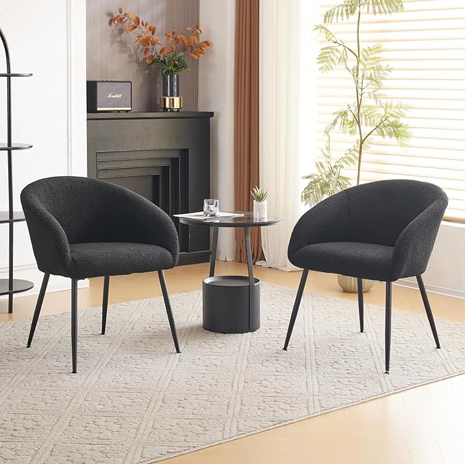 YDcosyfy Modern Small Accent Chair Set of 2, Comfy Sherpa Makeup Vanity Chair with Metal Legs, Decorative Chair no Wheels for Living Room, Dressing Room, Bedroom, Black